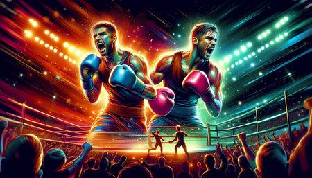 Two professional boxers fighting in the arena. 3D illustration.の写真素材