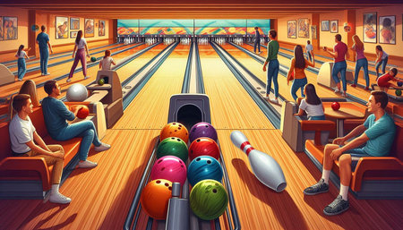 Group of people playing bowling in the club. 3D illustration.