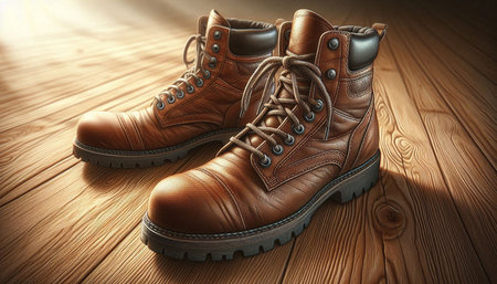 Men's brown leather boots on a wooden background. 3d render