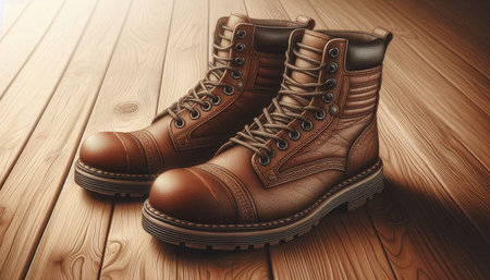 Hiking boots on a wooden background. 3d render illustration.