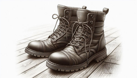 Pair of black boots on a wooden background, 3d illustration