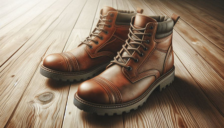 Men's leather boots on a wooden background. Shallow depth of field
