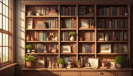Bookshelves with books and decorations. 3D rendering. Vintage style.