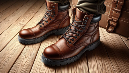 Men's leather boots on a wooden background. 3d illustration.