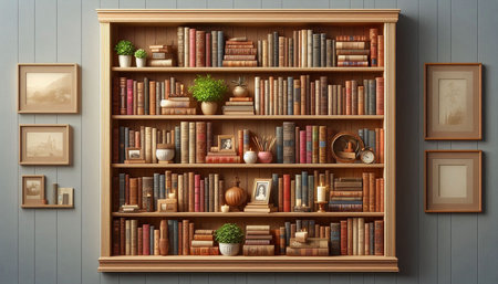 Wooden bookshelf with books and decorations. 3d rendering