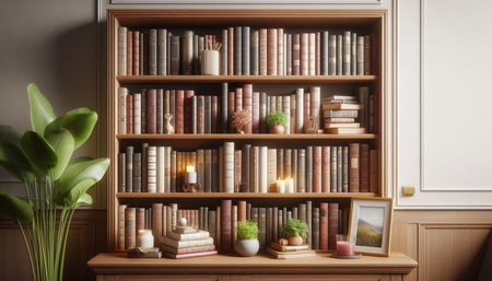 Bookshelf with books and decorations in room. 3d renderingの写真素材