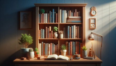 Bookshelf with books and potted plants on blue wall background