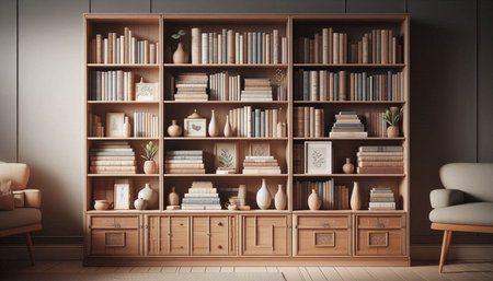 Wooden bookshelves with books and vases. 3d renderingの写真素材