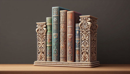 Vintage books on wooden table over dark background. 3d render
