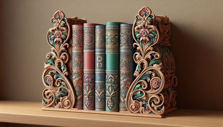 Vintage bookshelves with decorative patterns on a wall background.