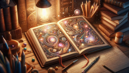 Open book with magic lamp on wooden table. 3d illustration.