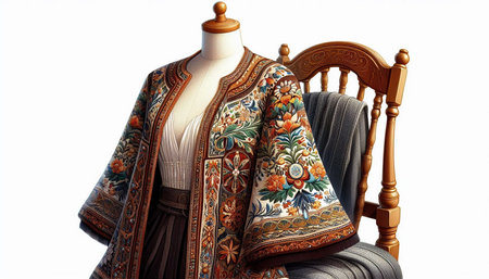 A mannequin with a traditional batik pattern on a white background