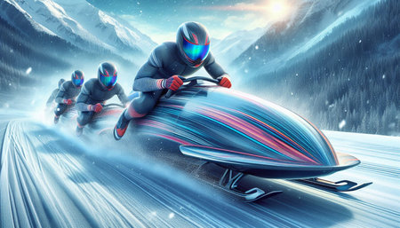 Group of people riding snowmobile on winter road. 3D rendering