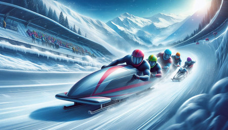Snowboarder riding fast on high speed track. Extreme winter sport.