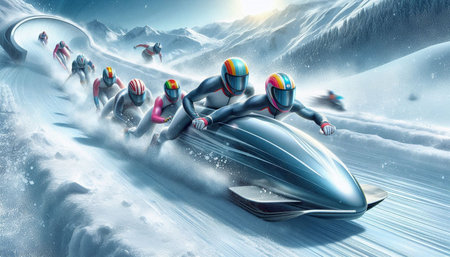 Snowboarder riding a snowmobile in the mountains. 3D rendering
