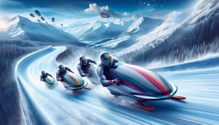 Snowmobile racing on the road in the mountains. 3d rendering