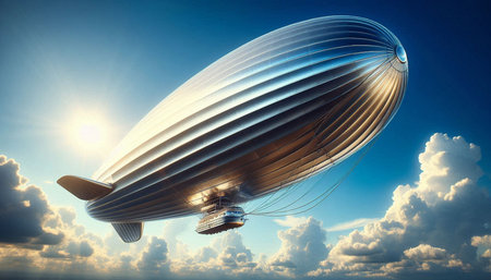 Airship in the blue sky. 3D rendering. Vintage style.