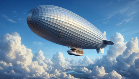 Airship in the sky with clouds. 3d render illustration.