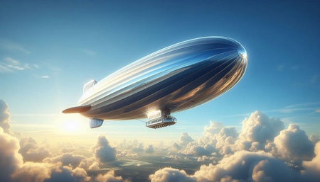 Airship flying high in the blue sky. 3D rendering.