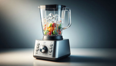 Blender with fresh fruits and vegetables in it on a gray background