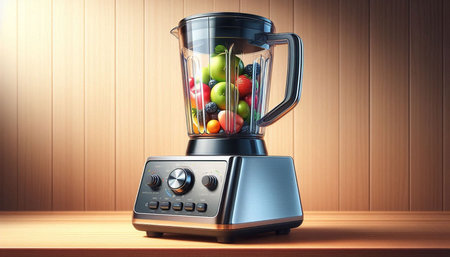 Modern blender with colorful fruits and vegetables on wooden background. 3D rendering