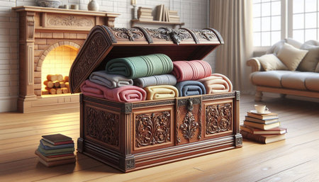 Wooden chest with towels in the living room. 3d rendering