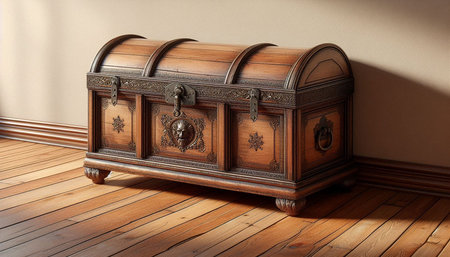 Vintage chest on the wooden floor. 3d illustration. Vintage style.