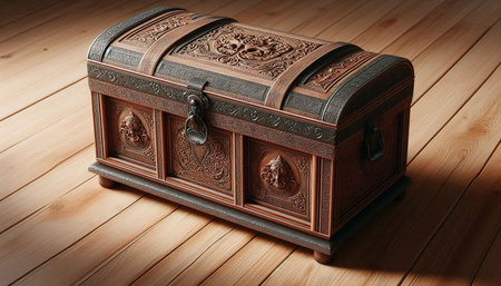 Wooden chest on a wooden background. 3d render illustration.
