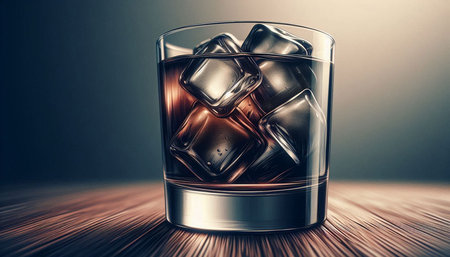 Glass of whiskey with ice cubes on wooden table. 3d illustration