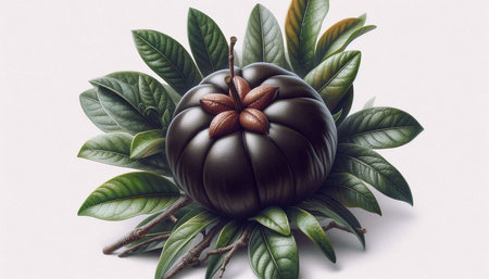 Black pumpkin with green leaves isolated on white background. 3d illustration