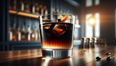 Cocktail with ice cubes on the bar counter. 3d rendering