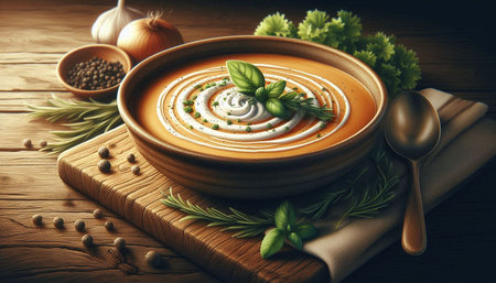 Delicious creamy pumpkin soup with cream and herbs on wooden table, closeupの写真素材