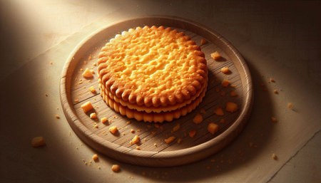 Sandwich cracker with cheese on a wooden cutting board. Top view.