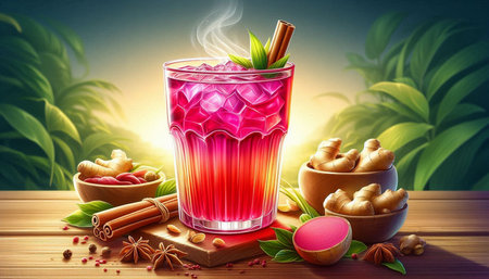 Mulled wine with spices on wooden table, 3d illustration