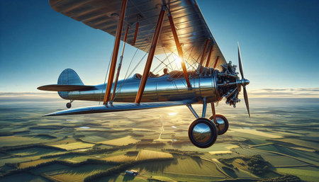 old biplane flying in the sky. 3d render and illustration