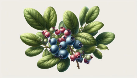 Illustration of a bunch of blueberries with leaves on a white background