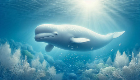 White whale swimming in the blue sea. 3d render illustration.の写真素材