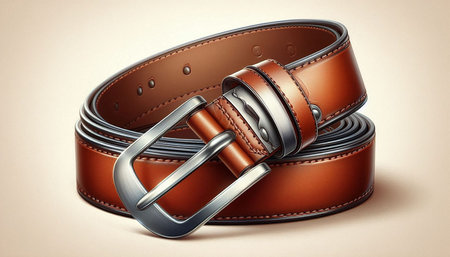 Brown leather belt with metal buckle on beige background. 3d illustration