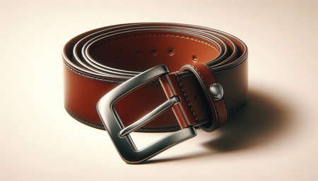 Brown leather belt on a white background. Selective focus. Toned.