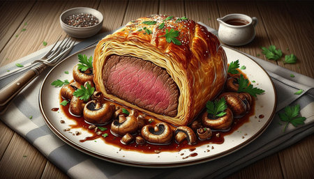Baked meat with mushrooms on a wooden background. 3d illustration
