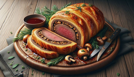 Slices of meatloaf with rosemary and mushrooms on a wooden boardの写真素材