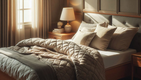 Luxury bedroom interior design with bed and pillows. 3d render