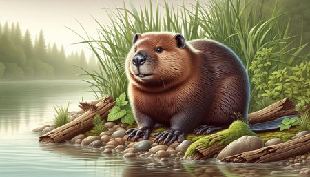 Cute beaver sitting on a stone in the water. Vector illustration.