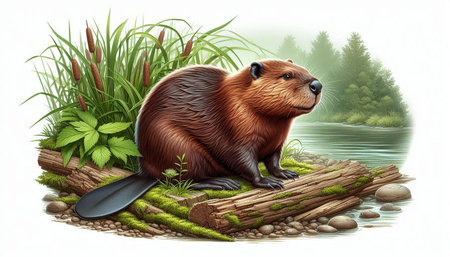 Cute beaver sitting on a log in the forest, illustration