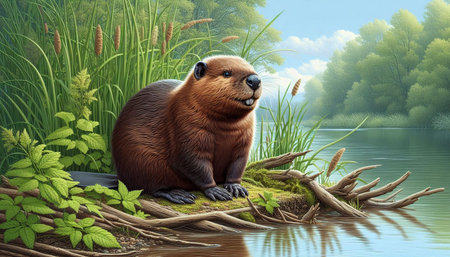 Cute beaver sitting on a rock in the river. 3d render