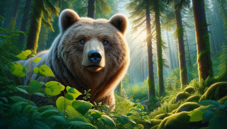 Grizzly bear on the background of the forest. 3d rendering
