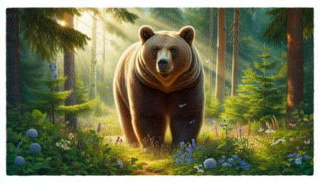 Wild brown bear in the forest at sunset. 3D illustration.の写真素材