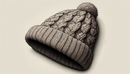 Knitted hat with pompon on a white background. Hand drawn illustration.