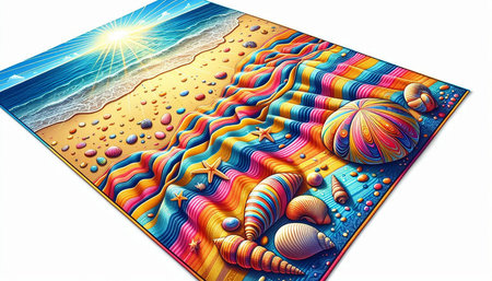 Illustration of a beach with seashells and starfish.