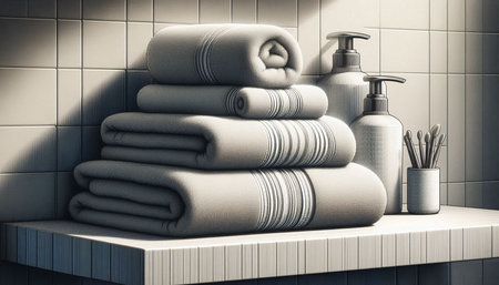 3d rendering of a stack of towels on a shelf in a bathroom